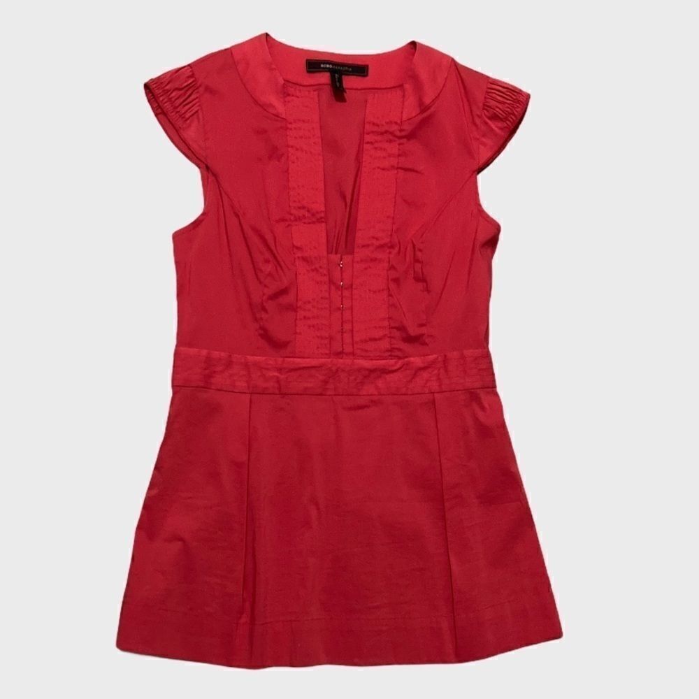 BCBGMaxAzria, Red Capped Sleeve Top, Plunging Splice Neckline Women’s X-Small